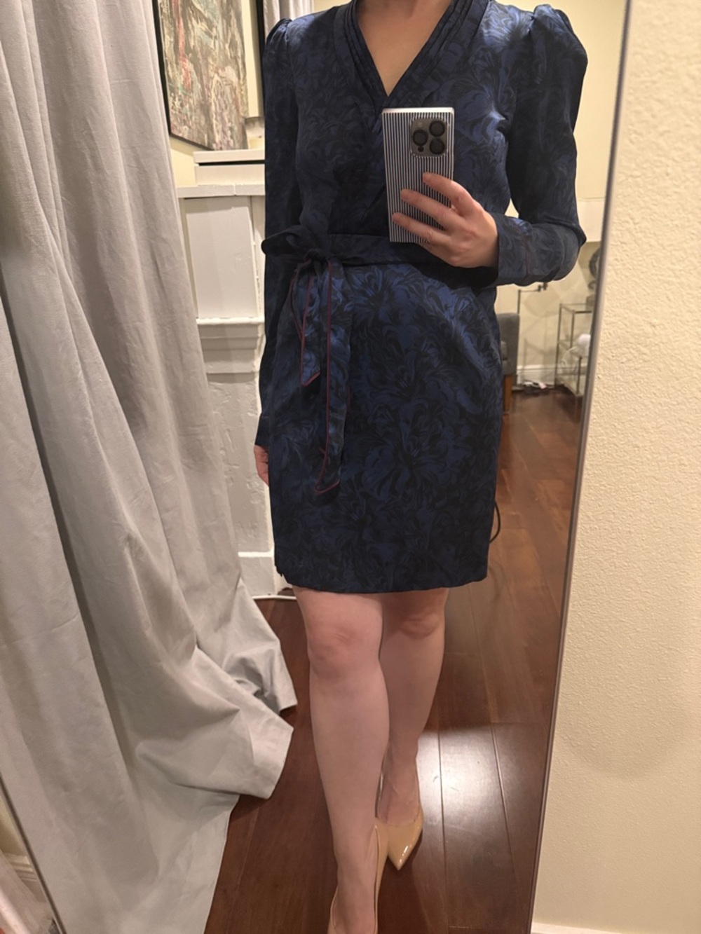 Saloni Navy Floral Wrap-Style Long Sleeve Dress